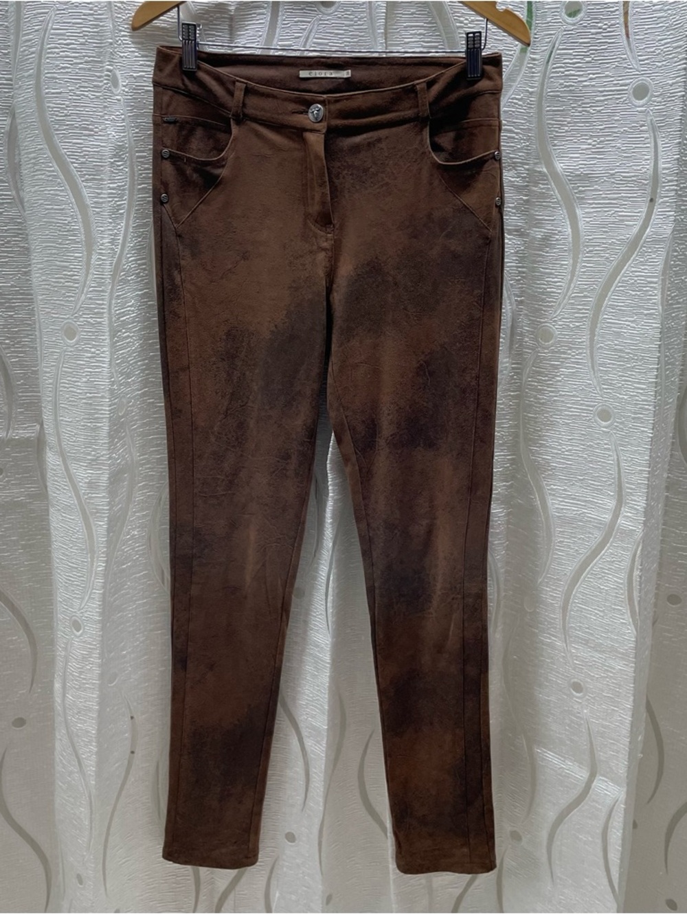 Elora Oxyde Trousers Women Size 38 Brown Distressed Faux Suede‎ Slim Fit